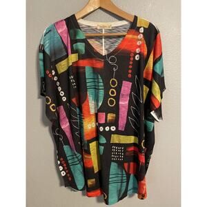 Jess & Jane Shirt Womens 3X Abstract Art Print Rayon Top Made USA Plus Size